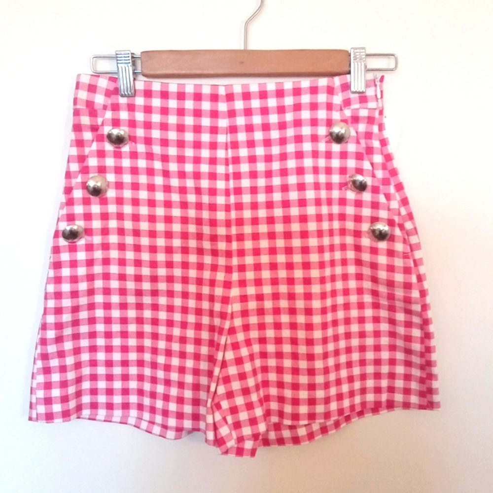 Zara Women's Pink & White Cotton Gingham Short Silvertone Domed Buttons Small